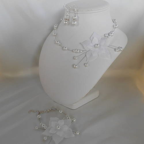 Parure mariage 3 pièces "amelie" collier, bracelet & bo en blanc 