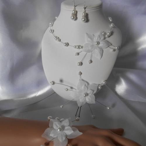 Parure mariage 4 pièces "amelie" collier, bracelet, pics à cheveux & bo 