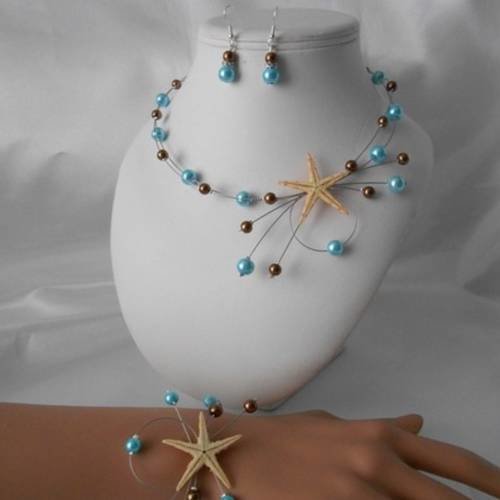 Parure mariage 3 pièces "oceanie" collier, bracelet & bo turquoise et marron 