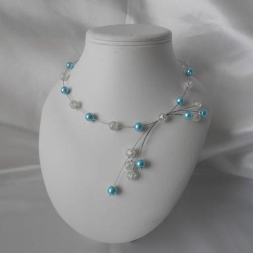 Collier mariage "claire" en perles turquoise & crystal transparente 