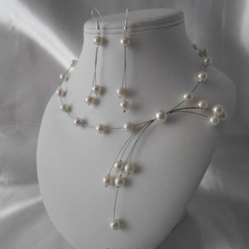 Parure mariage "sydney" collier & boucles perles ivoire 
