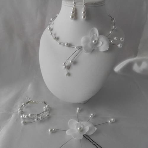 Parure mariage 4 pièces angel collier, bracelet; boucles & pics à cheveux en perles 