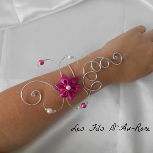 Bracelet mariage bella fleur fuchsia & argenté 
