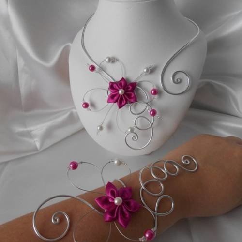 Parure mariage bella fleur 2 pièces collier & bracelet en fuchsia & argenté 
