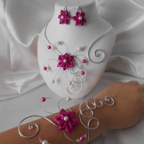 Parure mariage bella fleur 3 pièces collier, bracelet & boucles argenté & fuchsia 