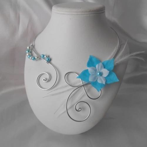 Collier mariage autriche fleur de soie turquoise & blanche 