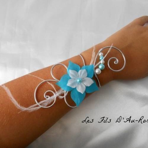 Bracelet mariage autriche fleur de soie turquoise & blanche 
