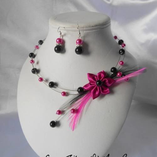 Parure mariage layla 2 pièces collier et boucles fuchsia & noir 