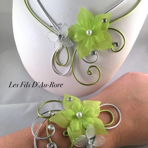 Parure mariage merida 2 pièces collier & bracelet vert anis 