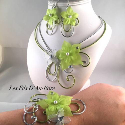Parure mariage merida 3 pièces collier, bracelet & bo vert anis 