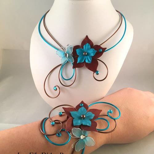 Parure mariage jasmine 2 pièces collier & bracelet turquoise & chocolat 