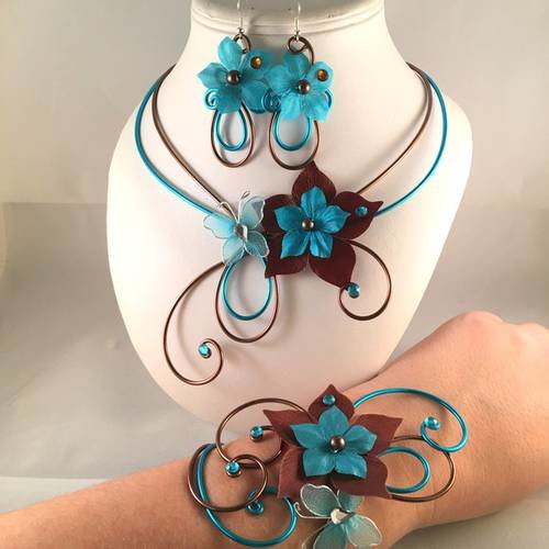 Parure mariage jasmine 3 pièces collier, bracelet & bo turquoise & chocolat 