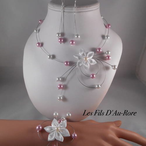 Parure mariage 3 pièces athena collier, bracelet & boucles rose poudré & blanche 