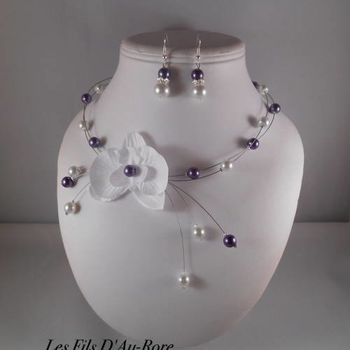 Collier mariage pauline en blanc & violet avec orchidée 