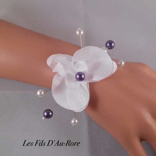 Bracelet mariage pauline violet & blanc avec orchidée 