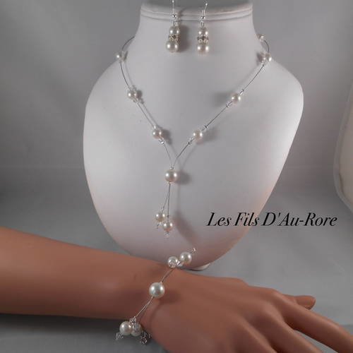 Parure mariage fantasia 3 pièces collier, bracelet & boucles en ivoire 