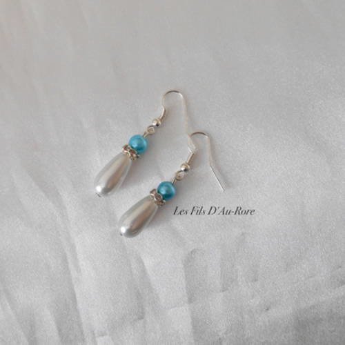 Boucles d'oreille orlane avec perles nacrée blanche & turquoise 