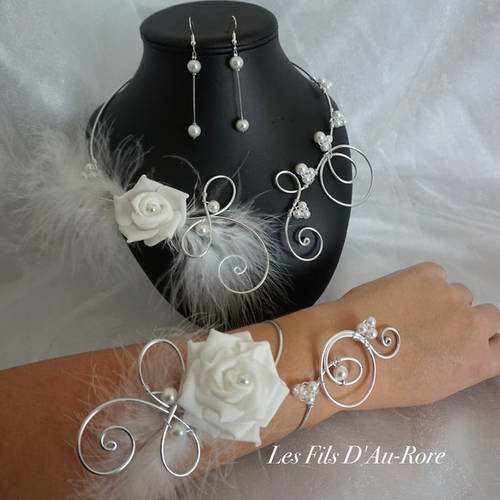 Parure 3 pièces lolita collier, bracelet & bo en blanc & argenté 