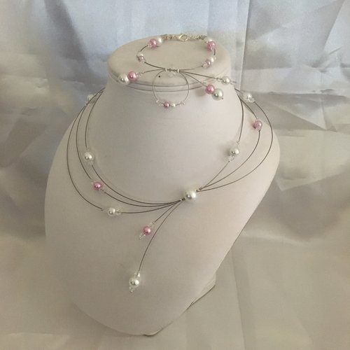 Parure tinia collier & bracelet en rose poudré et blanc 