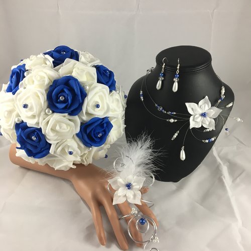 Ensemble mariage bouquet & parure myllie/lolita en bleu roi & blanc 