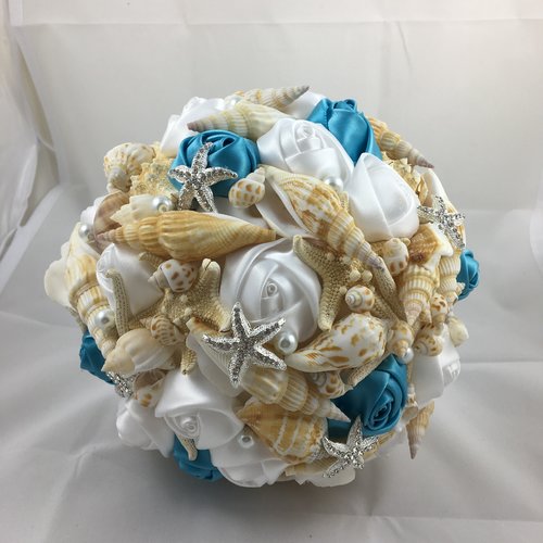 Bouquet mariage bora-bora  en turquoise & blanc & coquillage 