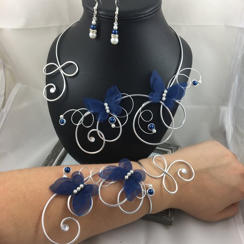 Parure mariage isabelle collier, bracelet & boucles avec papillons bleu roi 