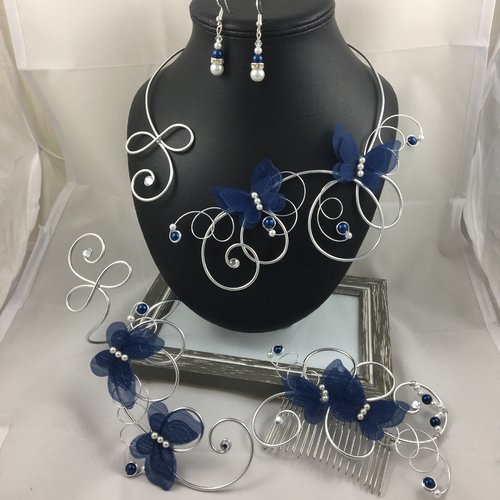 Parure mariage isabelle 4 pièces collier bracelet boucles & peigne avec papillons bleu roi 