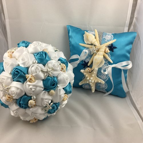 Duo coussin & bouquet vahina turquoise & blanc & coquillages 