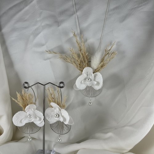 Parure mariage collier descente de dos & boucles d'oreille marion avec fleur séchées