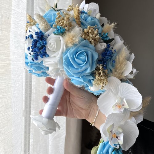 Bouquet mariée descente fleur séchée turquoise & blanc