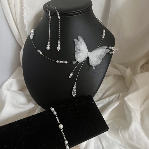 Parure mariage 3 pièces morgane perles & papillon en blanc