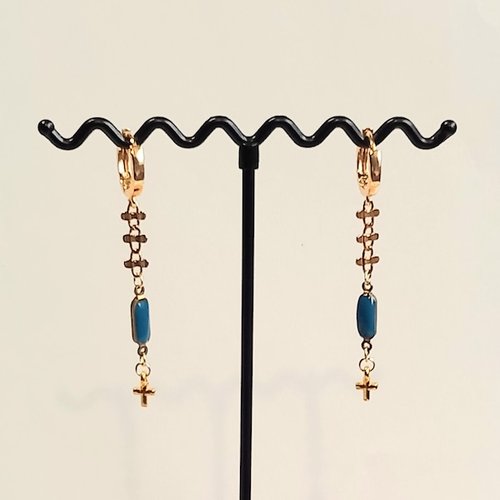 Boucles d'oreilles femme pendantes, graphiques,18 carats et émail