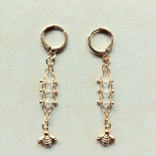 Boucles d'oreilles femme pendantes, or 18 carats, perles cristal