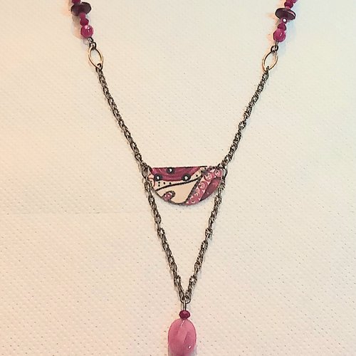 Collier mi-long réglable, style bohême, bronze, camaïeu de rose et bordeaux