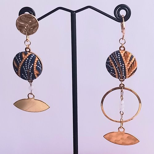 Boucles d'oreilles femme pendantes, asymétriques, plaquées or 18 carats graphiquestissu africain