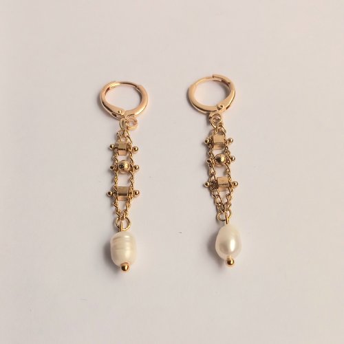 Boucles d'oreilles femme pendantes, or 18 carats, perles d'eau doucr