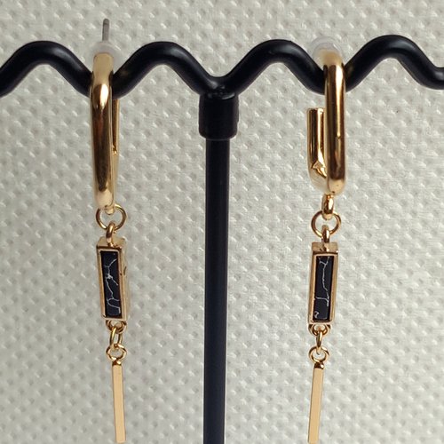Boucles d'oreilles femme pendantes or 18 carats et howlite