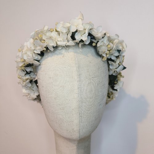 Couronne de fleurs éternelles claire en hortensia blanc, gypsophile et eucalyptus rond