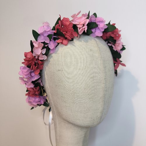 Couronne venus eucalyptus hortensia rose violet rouge feminin sacré bohème nature champêtre