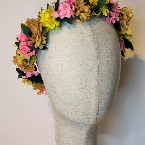 Couronne de fleurs éternelles accessoire mariage mariée multicolore été rose vert jaune orange