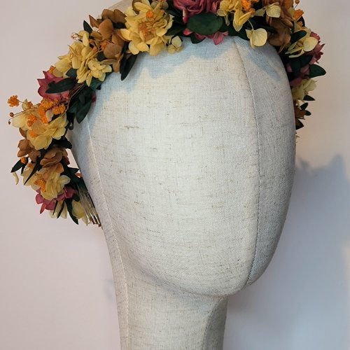 Couronne bohème automne – fleurs séchées oranges & rouges – accessoire mariage/festival