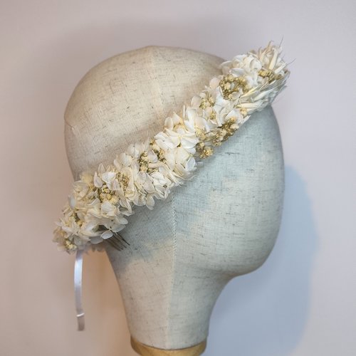 Couronne de fleurs éternelles blanche coiffure mariage mariée avena