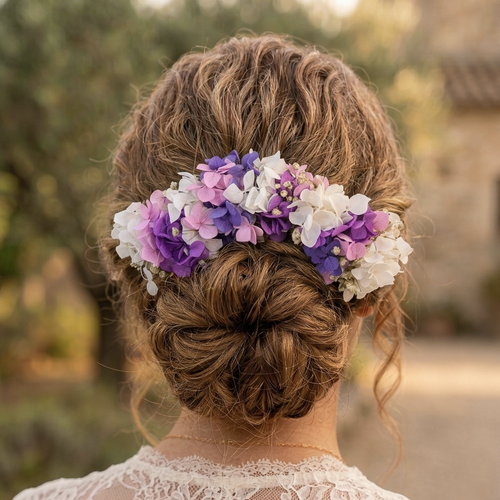Double peigne en fleurs eternelles camaïeu de violet et pointe de rose bohème chic champêtre