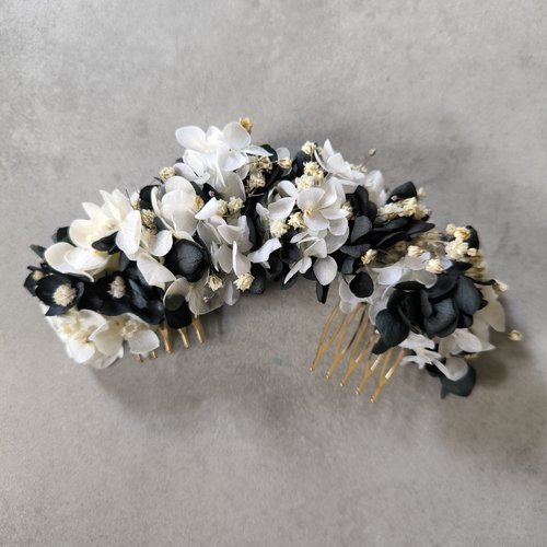Double peigne accessoire coiffure mariage mariée black white blanc noir fleurs éternelles bohème