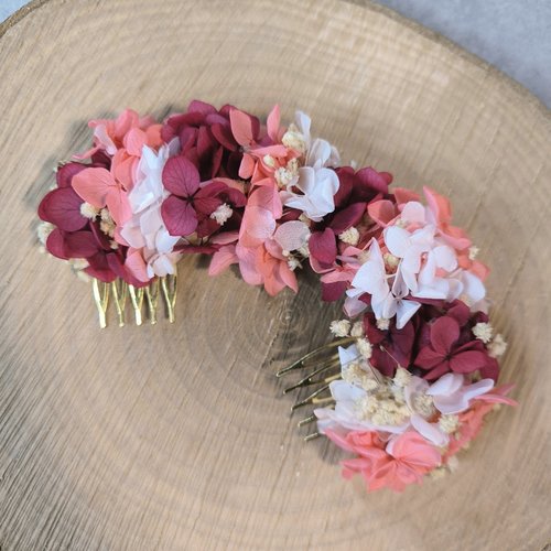 Double peigne pince chignon mariage bohème chic nature champêtre bordeau corail orange blanc