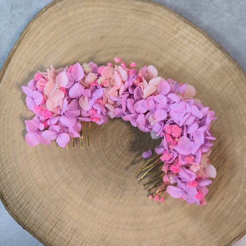 Double peigne pince chignon mariage bohème chic nature champêtre rose violet fleurs éternelles