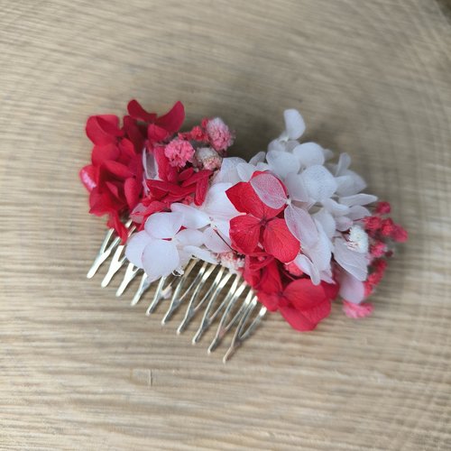 Peigne 10 pics rouge et blanc bohème fleurs éternelles accessoire cheveux
