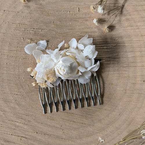Pince peigne bouton de rose blanc  chignon cheveux accessoire mariage mariée