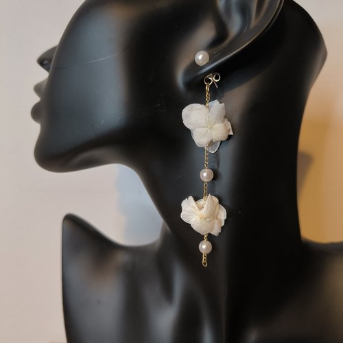 Boucles d'oreilles perle argenté fleurs éternelles blanc mariage mariée bohème chic nature champêtre