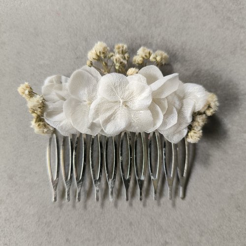 Pince peigne 10 pics bohème blanc mariage mariée gypsophile hortensia blanc fait main